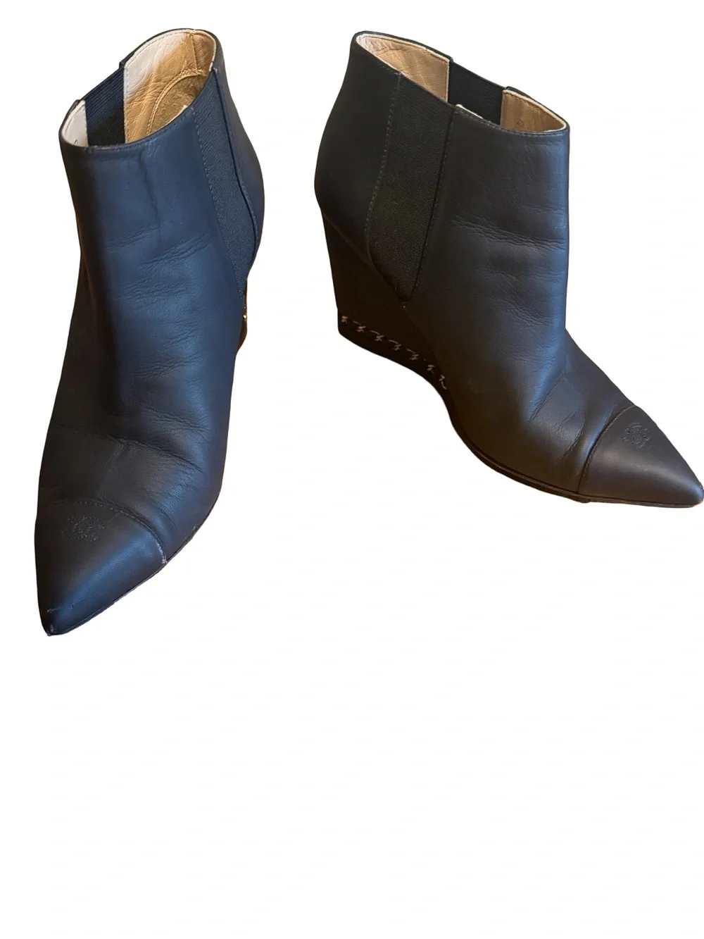 CHANEL Black Leather Pointed Toe Wedge Ankle Booties